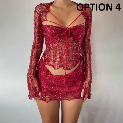 New Fashion Sequin Hollow Out Lace Up Tube Tops + Wrap Hip Mini Skirt 2 Piece Set CODE: KAR4856
