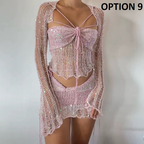 New Fashion Sequin Hollow Out Lace Up Tube Tops + Wrap Hip Mini Skirt 2 Piece Set CODE: KAR4856