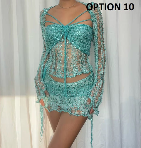 New Fashion Sequin Hollow Out Lace Up Tube Tops + Wrap Hip Mini Skirt 2 Piece Set CODE: KAR4856
