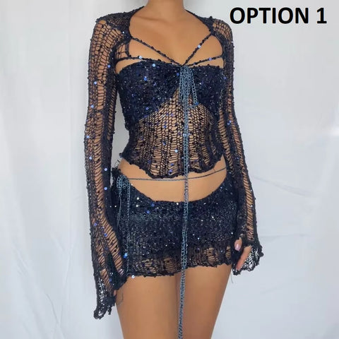 New Fashion Sequin Hollow Out Lace Up Tube Tops + Wrap Hip Mini Skirt 2 Piece Set CODE: KAR4856