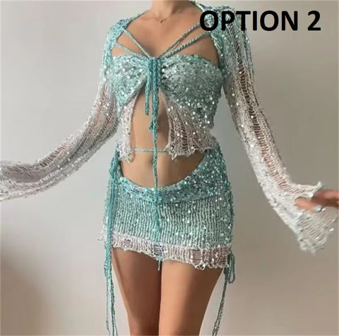 New Fashion Sequin Hollow Out Lace Up Tube Tops + Wrap Hip Mini Skirt 2 Piece Set CODE: KAR4856