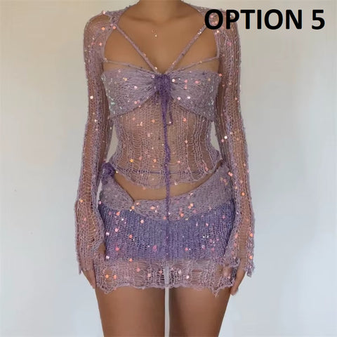 New Fashion Sequin Hollow Out Lace Up Tube Tops + Wrap Hip Mini Skirt 2 Piece Set CODE: KAR4856