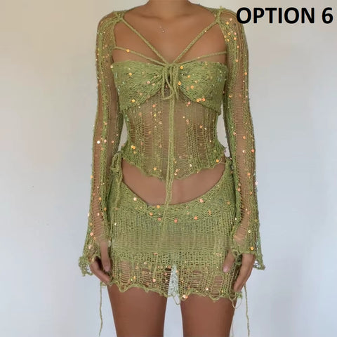 New Fashion Sequin Hollow Out Lace Up Tube Tops + Wrap Hip Mini Skirt 2 Piece Set CODE: KAR4856