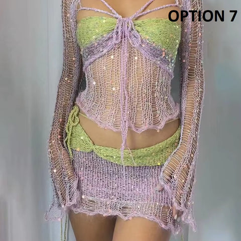 New Fashion Sequin Hollow Out Lace Up Tube Tops + Wrap Hip Mini Skirt 2 Piece Set CODE: KAR4856