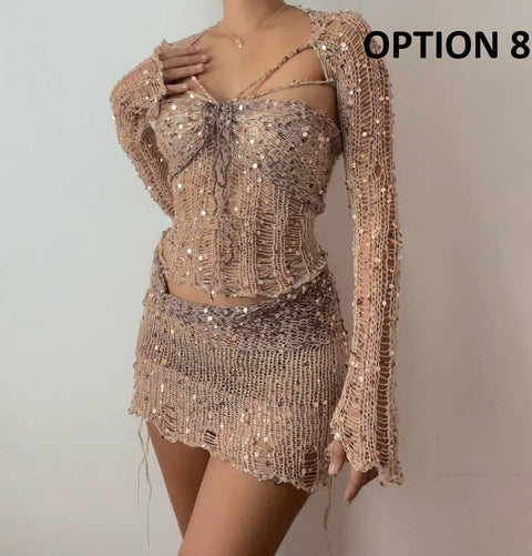 New Fashion Sequin Hollow Out Lace Up Tube Tops + Wrap Hip Mini Skirt 2 Piece Set CODE: KAR4856