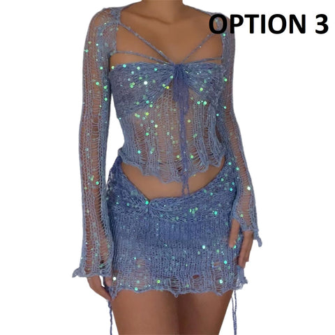 New Fashion Sequin Hollow Out Lace Up Tube Tops + Wrap Hip Mini Skirt 2 Piece Set CODE: KAR4856
