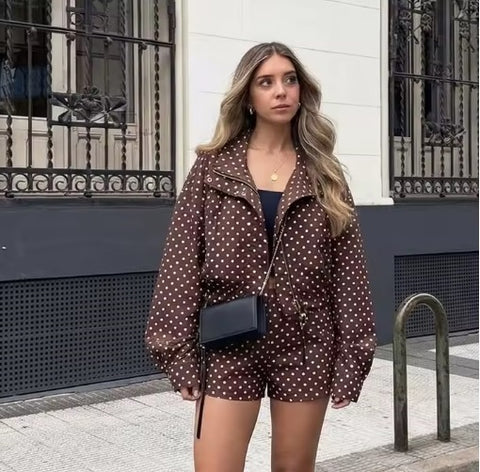 New Fashion Polka Dot Print Short Coat and Mini Shorts Set CODE: KAR4858