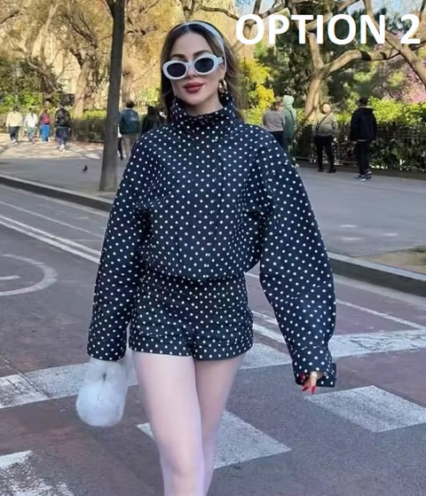 New Fashion Polka Dot Print Short Coat and Mini Shorts Set CODE: KAR4858