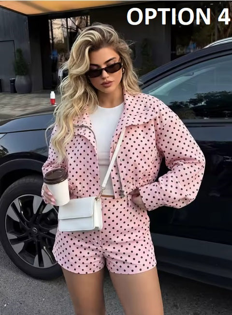 New Fashion Polka Dot Print Short Coat and Mini Shorts Set CODE: KAR4858