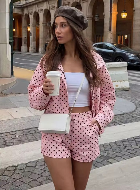 New Fashion Polka Dot Print Short Coat and Mini Shorts Set CODE: KAR4858