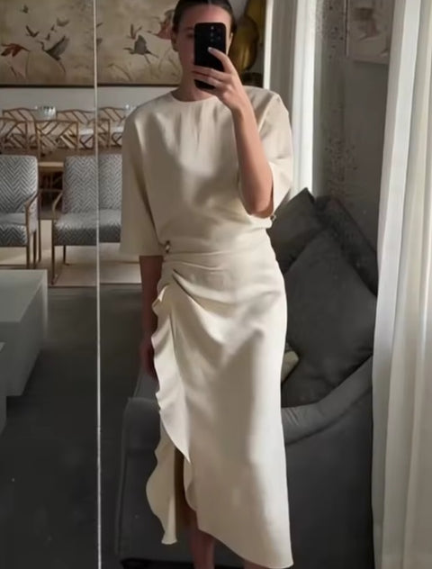 New Fashion Pleated Short Sleeve Round Neck Long Casual Dress CODE: KAR4861
