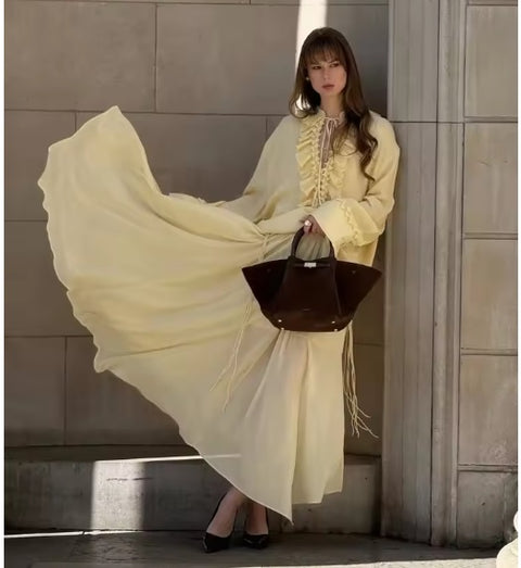 New Tiered Lace-Up Design Pleated Long Skirt Zipper Closure CODE: KAR4869