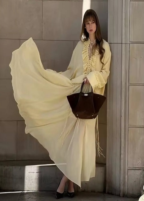 New Tiered Lace-Up Design Pleated Long Skirt Zipper Closure CODE: KAR4869