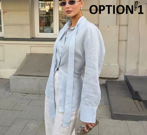 New Scarf Collar Single-Breasted Long Sleeve Shirt CODE: KAR4875