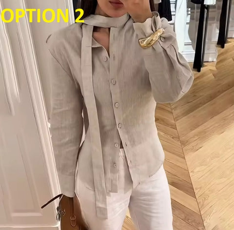 New Scarf Collar Single-Breasted Long Sleeve Shirt CODE: KAR4875