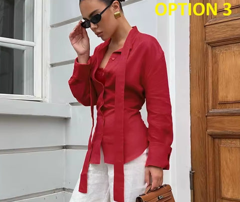 New Scarf Collar Single-Breasted Long Sleeve Shirt CODE: KAR4875