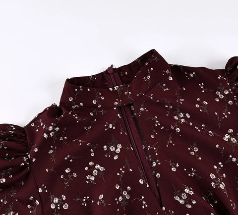 New Puff Sleeve Elegant Print Turtleneck Casual Long Dress CODE: KAR4877