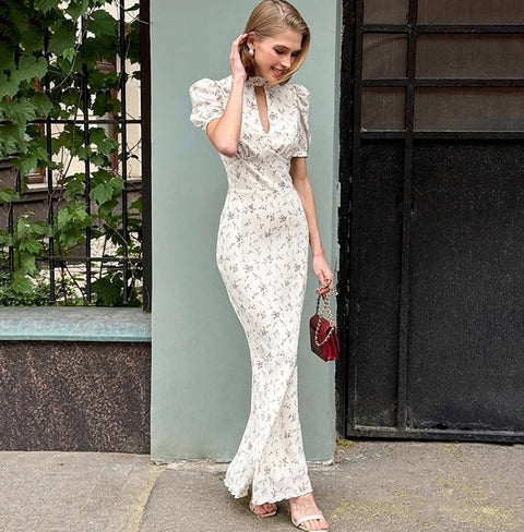 New Puff Sleeve Elegant Print Turtleneck Casual Long Dress CODE: KAR4877