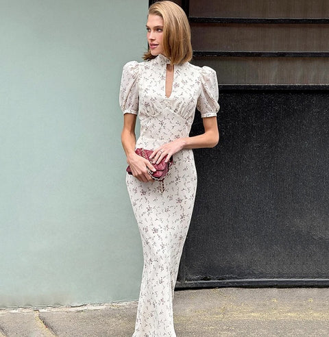 New Puff Sleeve Elegant Print Turtleneck Casual Long Dress CODE: KAR4877