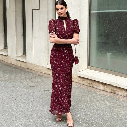 New Puff Sleeve Elegant Print Turtleneck Casual Long Dress CODE: KAR4877