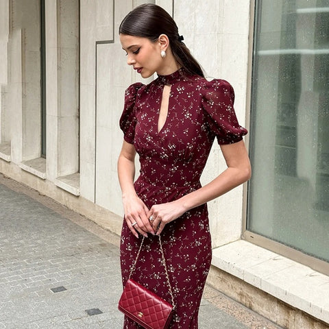 New Puff Sleeve Elegant Print Turtleneck Casual Long Dress CODE: KAR4877