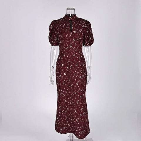 New Puff Sleeve Elegant Print Turtleneck Casual Long Dress CODE: KAR4877