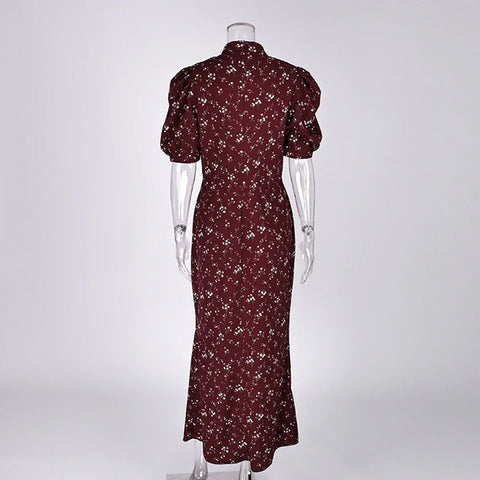 New Puff Sleeve Elegant Print Turtleneck Casual Long Dress CODE: KAR4877