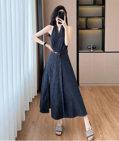 New Halter V Neck Sleeveless Denim Dress CODE: KAR4889