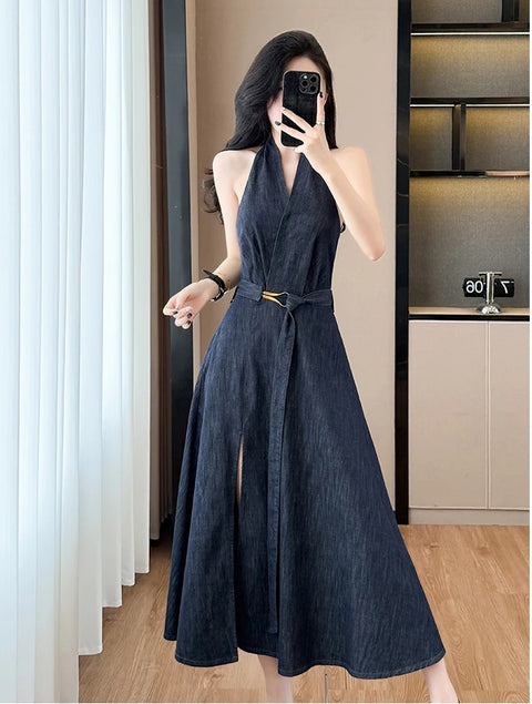 New Halter V Neck Sleeveless Denim Dress CODE: KAR4889