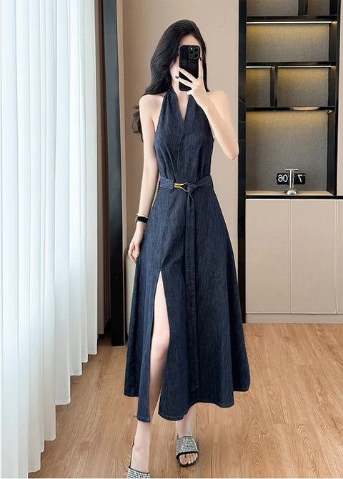 New Halter V Neck Sleeveless Denim Dress CODE: KAR4889