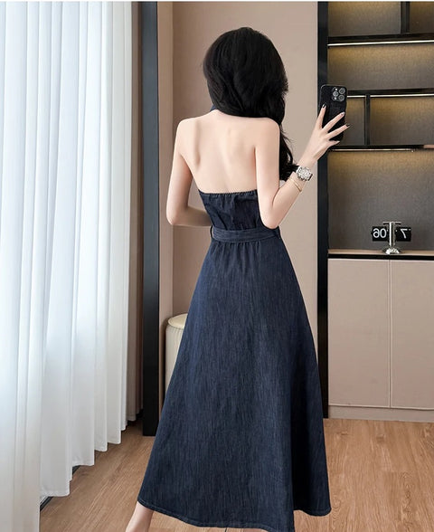 New Halter V Neck Sleeveless Denim Dress CODE: KAR4889