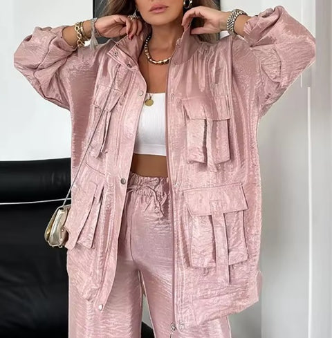 New Fashion Elegant Pocket Winterzipper Button Cardigan Top and Pants Set CODE: KAR4897