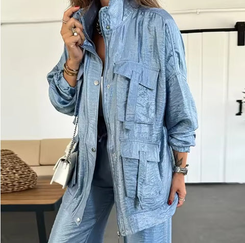 New Fashion Elegant Pocket Winterzipper Button Cardigan Top and Pants Set CODE: KAR4897