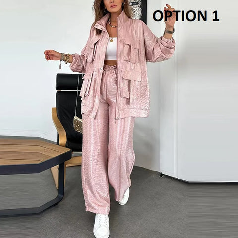 New Fashion Elegant Pocket Winterzipper Button Cardigan Top and Pants Set CODE: KAR4897