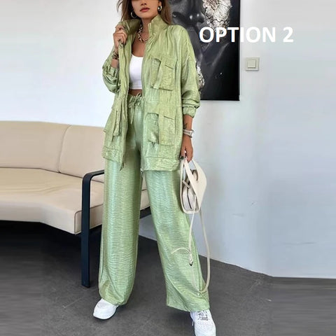 New Fashion Elegant Pocket Winterzipper Button Cardigan Top and Pants Set CODE: KAR4897