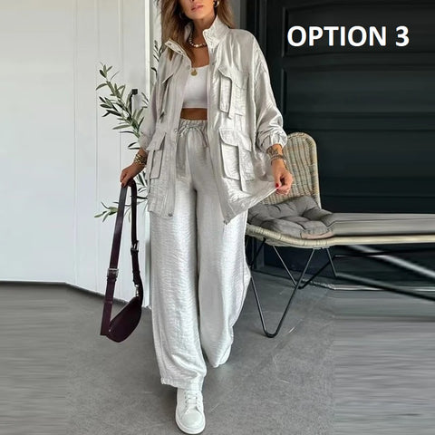 New Fashion Elegant Pocket Winterzipper Button Cardigan Top and Pants Set CODE: KAR4897