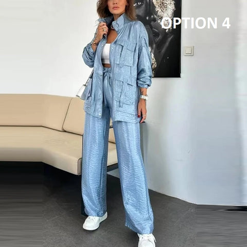 New Fashion Elegant Pocket Winterzipper Button Cardigan Top and Pants Set CODE: KAR4897