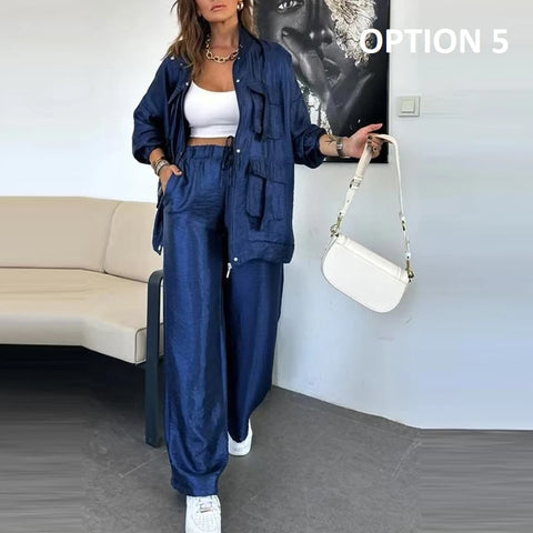 New Fashion Elegant Pocket Winterzipper Button Cardigan Top and Pants Set CODE: KAR4897