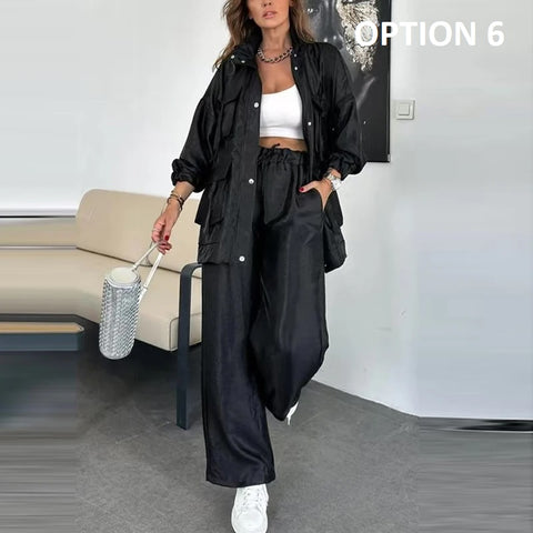 New Fashion Elegant Pocket Winterzipper Button Cardigan Top and Pants Set CODE: KAR4897