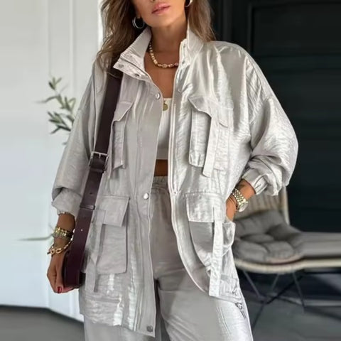 New Fashion Elegant Pocket Winterzipper Button Cardigan Top and Pants Set CODE: KAR4897
