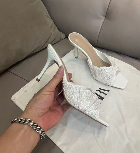New Fashion Pearl Beaded Square Toe High Heel Sandals CODE: KAR4909