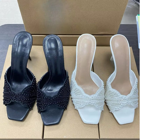 New Fashion Pearl Beaded Square Toe High Heel Sandals CODE: KAR4909