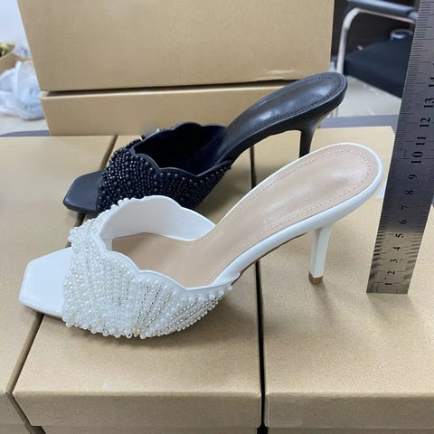 New Fashion Pearl Beaded Square Toe High Heel Sandals CODE: KAR4909