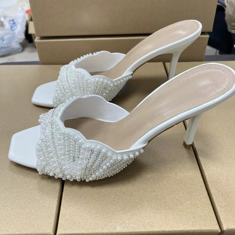 New Fashion Pearl Beaded Square Toe High Heel Sandals CODE: KAR4909