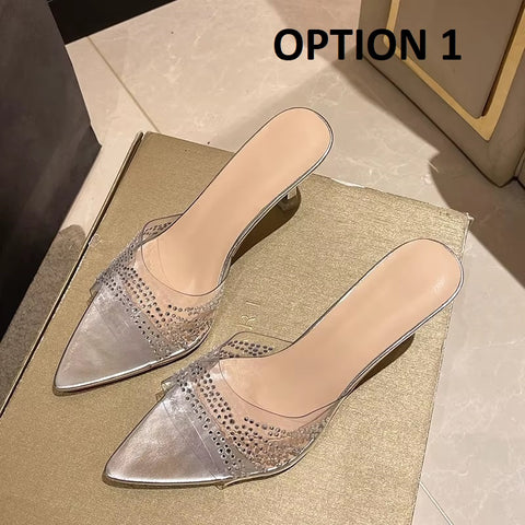 New Design Pointed Toe Mules with Transparent Crystal Ultra High Heels CODE: KAR4910