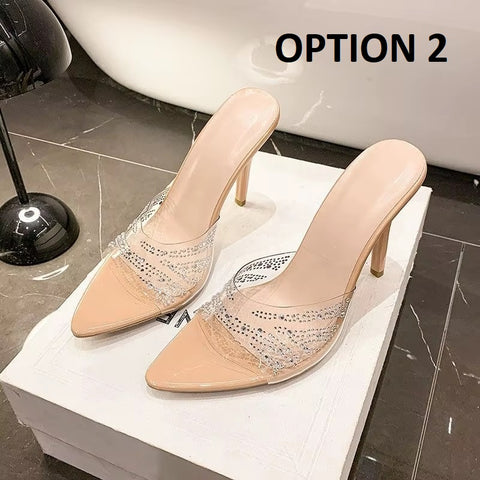 New Design Pointed Toe Mules with Transparent Crystal Ultra High Heels CODE: KAR4910