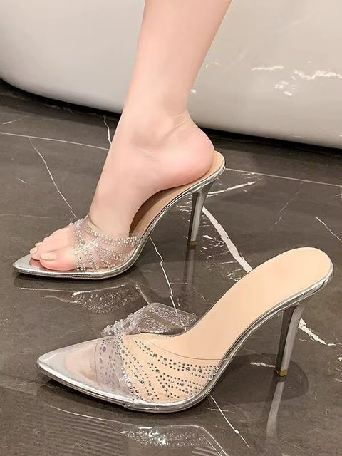 New Design Pointed Toe Mules with Transparent Crystal Ultra High Heels CODE: KAR4910