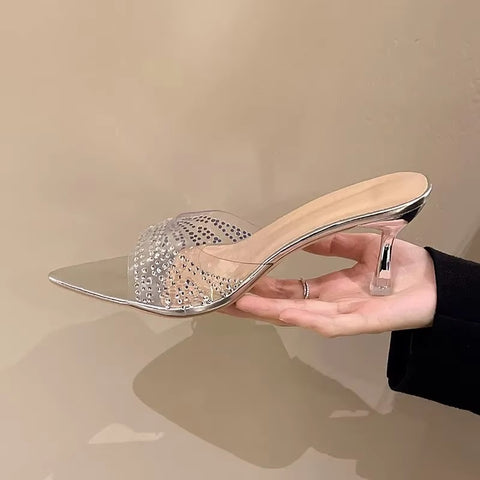 New Design Pointed Toe Mules with Transparent Crystal Ultra High Heels CODE: KAR4910