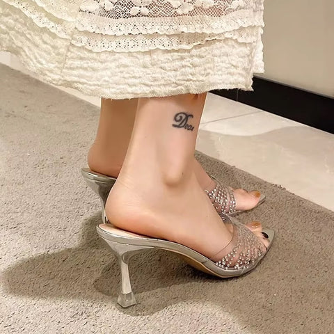 New Design Pointed Toe Mules with Transparent Crystal Ultra High Heels CODE: KAR4910