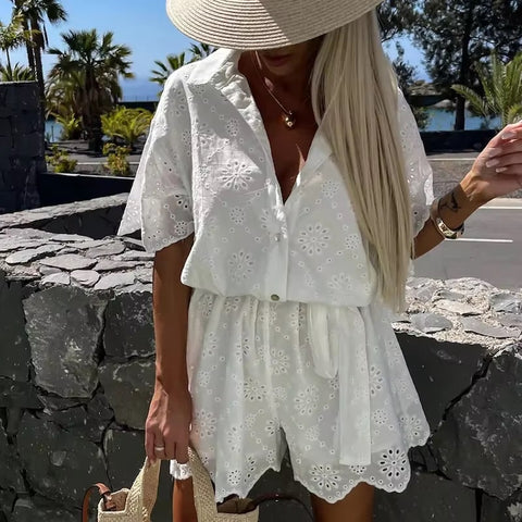 New Chic Jacquard Simple Elegant Solid Lace-Up Shorts Jumpsuit CODE: KAR4912